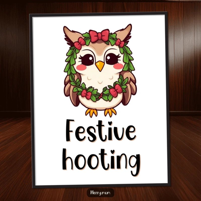 Funny Kawaii Owl Digital Art Print, adorned with a festive wreath and hooting happily, for instant holiday decoration.