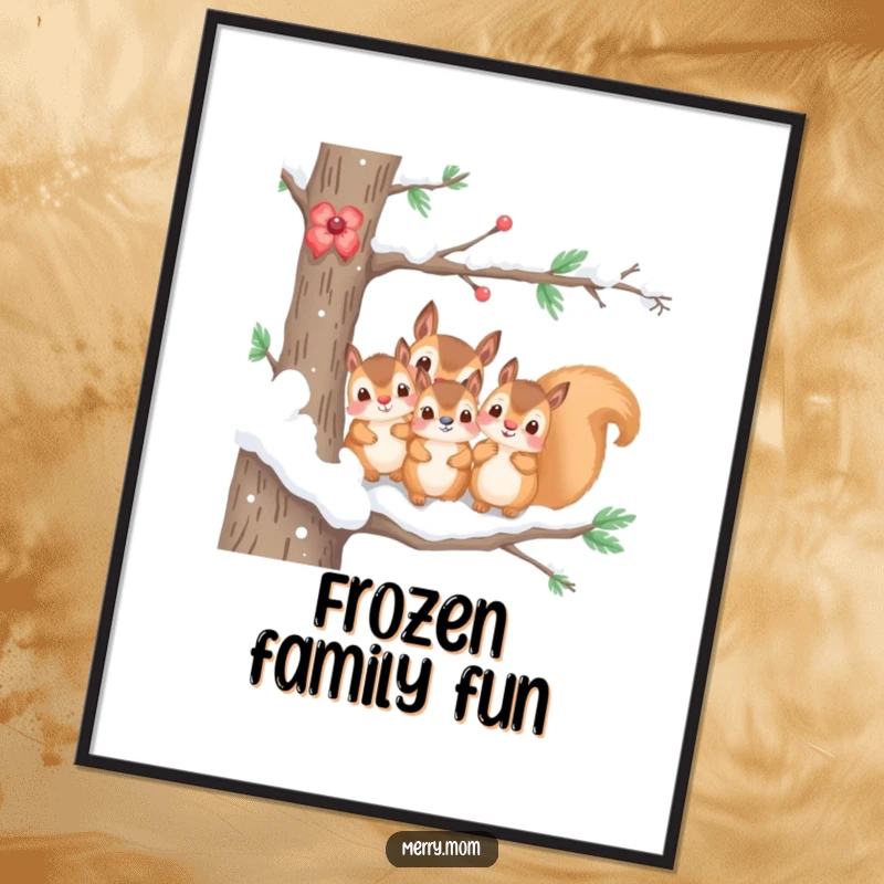 Funny digital art print of a kawaii squirrel family peeking from a snowy branch, ready to be printed for winter decor.