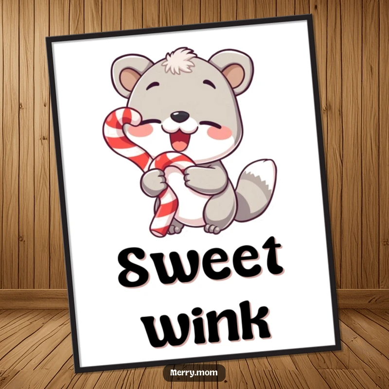 Funny digital art print, animal with candy cane and wink, festive wall art, instant download.