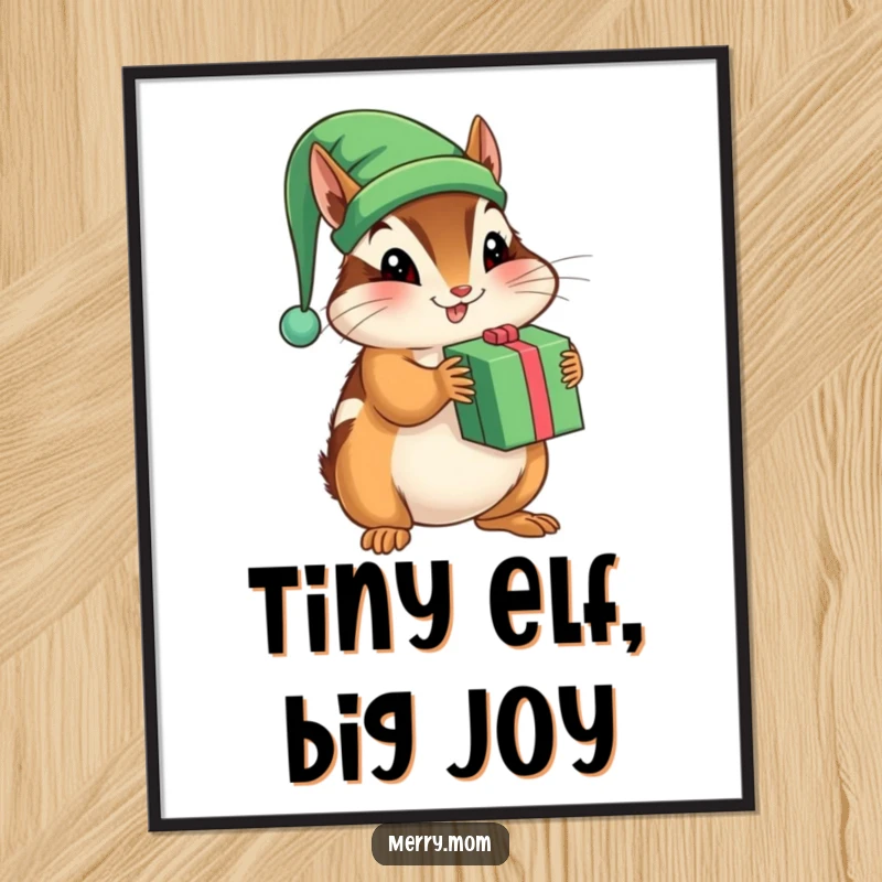 Funny digital art print of a playful chipmunk in an elf hat, shaking a holiday present.