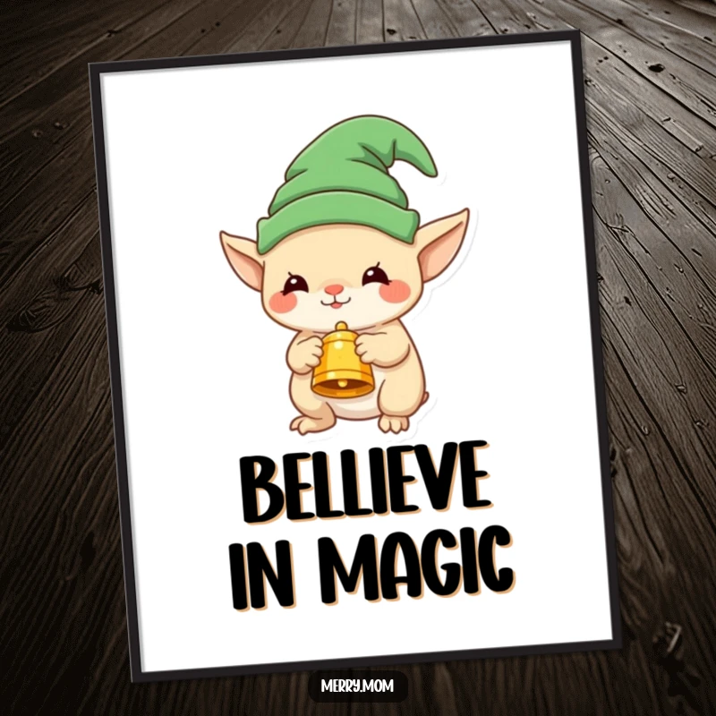 Funny digital art print of a charming elf creature in an elf hat offering a festive bell.