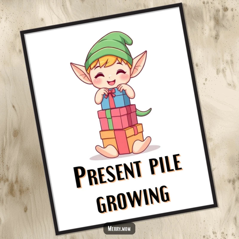 Funny Kawaii elf character joyfully stacking colorful gift boxes, festive digital art print for humorous holiday decor.