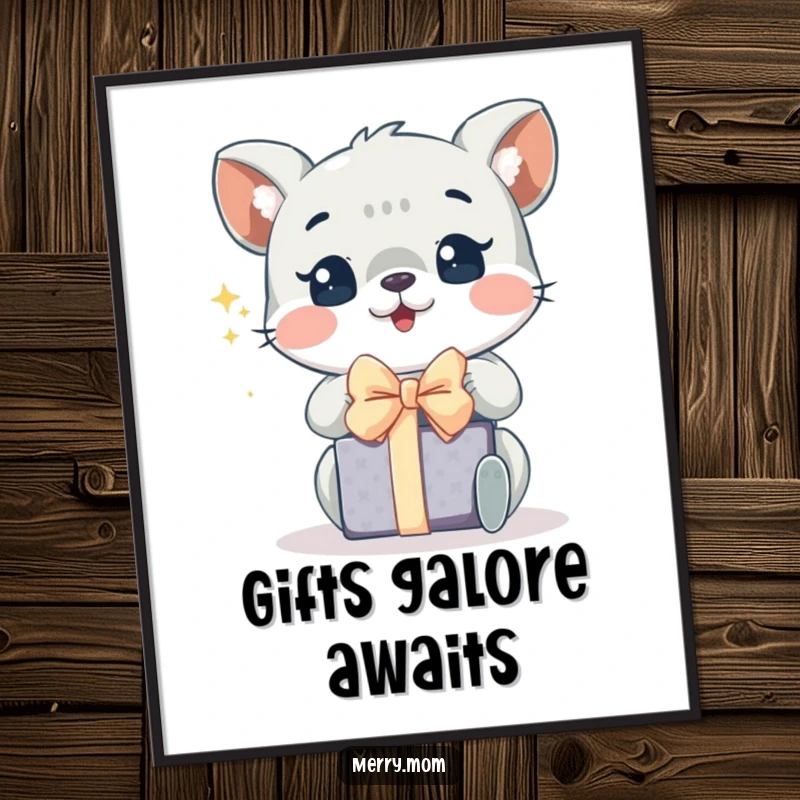 Funny digital art print of an animal with sparkling eyes, joyfully unwrapping a gift, bringing instant holiday cheer.