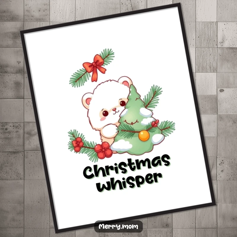 Funny digital art print, fluffy creature hiding behind a decorated tree, holiday wall art, instant download.