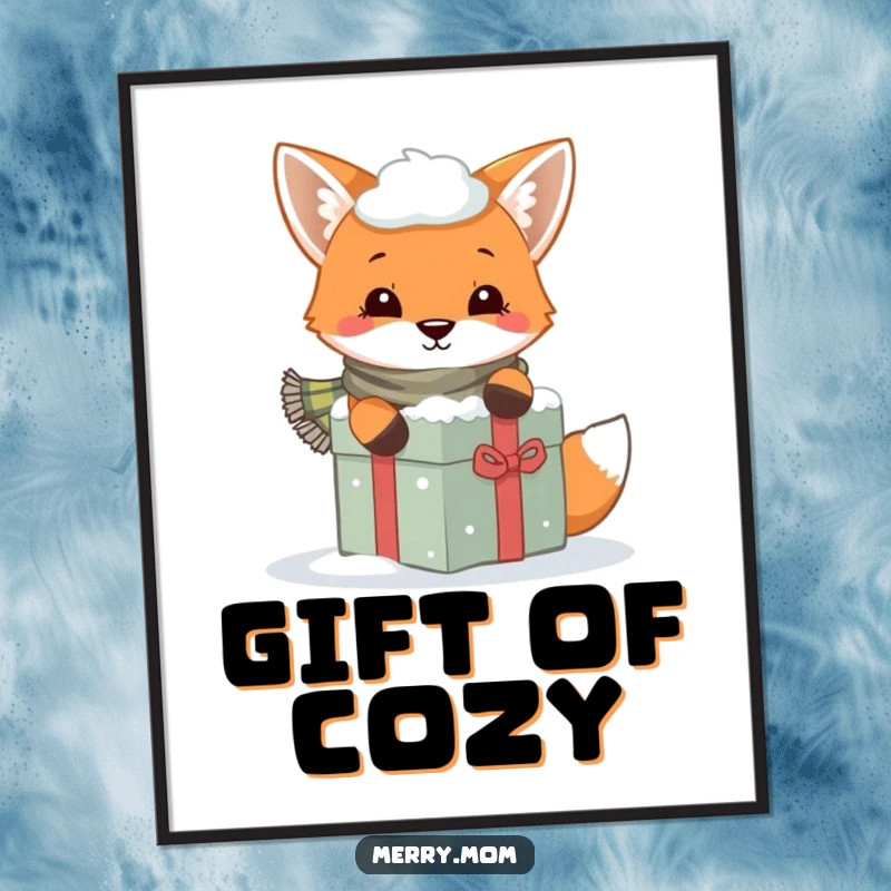 Funny digital art print of a playful fox wearing a scarf peeking from behind a snow-covered gift, charming and whimsical.