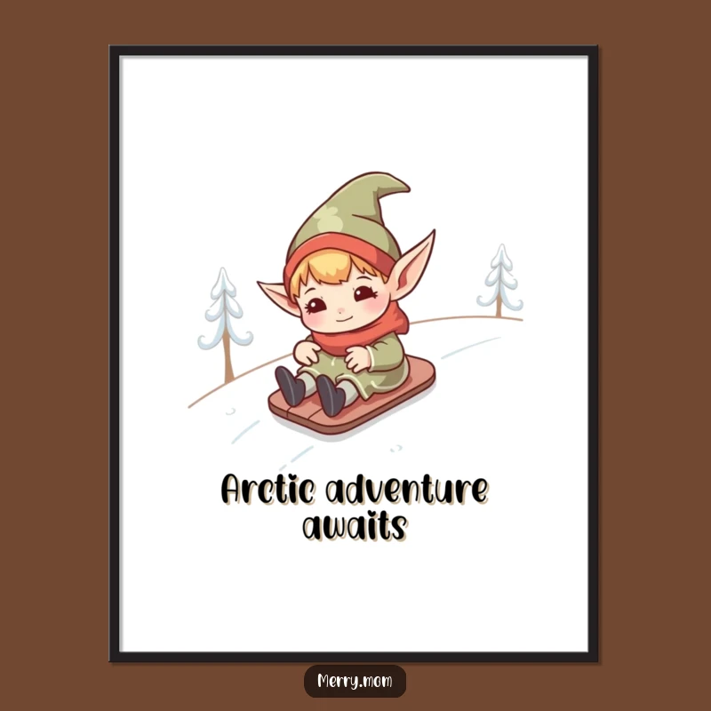 Funny Kawaii Elf Digital Art Print: Hilarious Snowy Hill Wall Decor