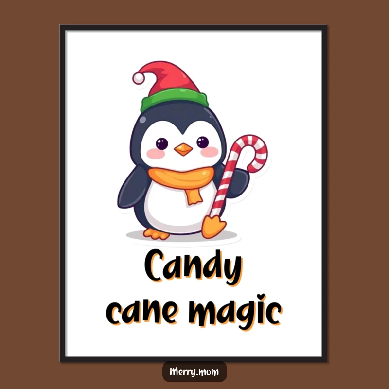 Funny Kawaii Penguin Digital Art: Elf Hat Candy Cane Joy, Instant Festive Decor