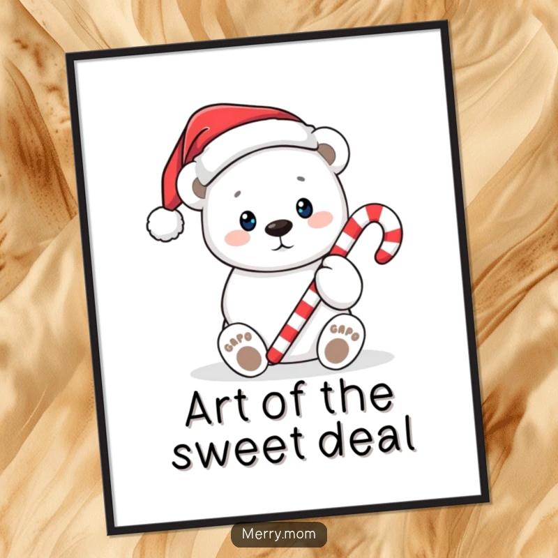 Funny Christmas digital art print of a cute polar bear in a Santa hat, offering a candy cane, instantly downloadable for festive decor.