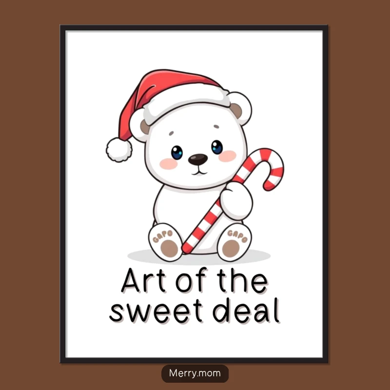 Funny Polar Bear Candy Cane Digital Art: Instant Christmas Download, Unique Funny Gift