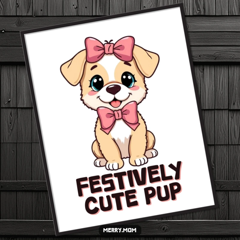 Funny playful puppy wearing a festive bow, available as a downloadable digital art print for instant decor.