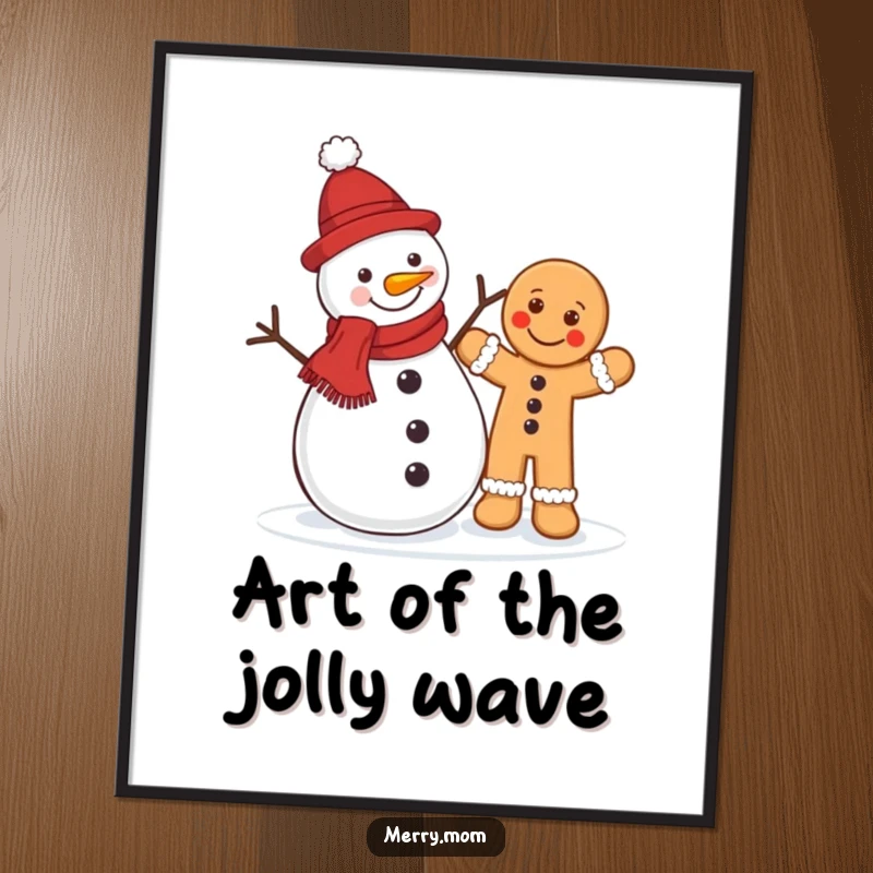 Funny Christmas digital art print of a jolly snowman and a waving gingerbread man, instantly downloadable for festive decor.
