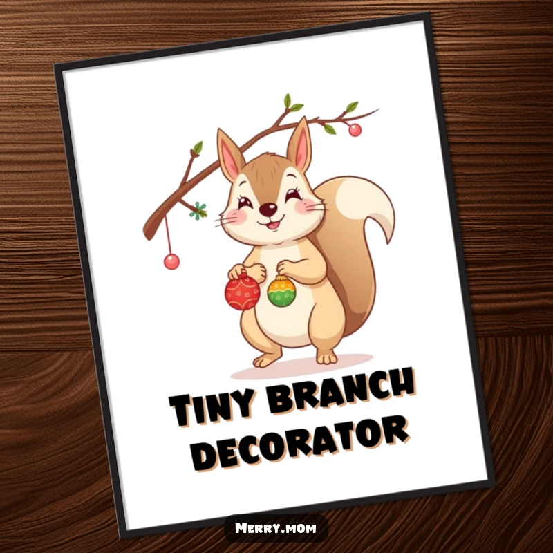 Funny Squirrel Digital Art Print of a cheerful squirrel decorating a branch with tiny ornaments, for instant decor.
