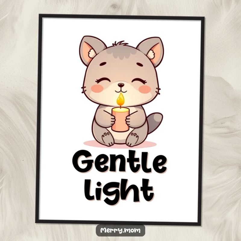 Funny digital art print, animal holding a glowing candle with a peaceful expression, serene wall art, instant download.