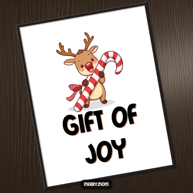 Funny kawaii reindeer digital art print of a cute reindeer excitedly unwrapping a giant candy cane, perfect for instant festive decor.