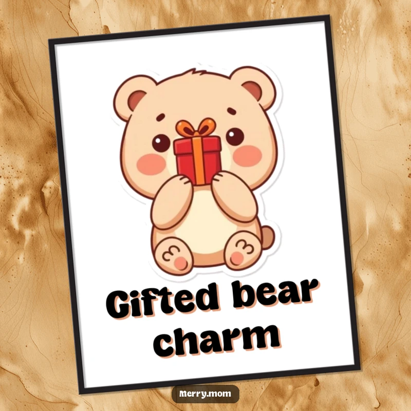 Funny little bear holding a bright red present, available as a downloadable digital art print for instant decor.