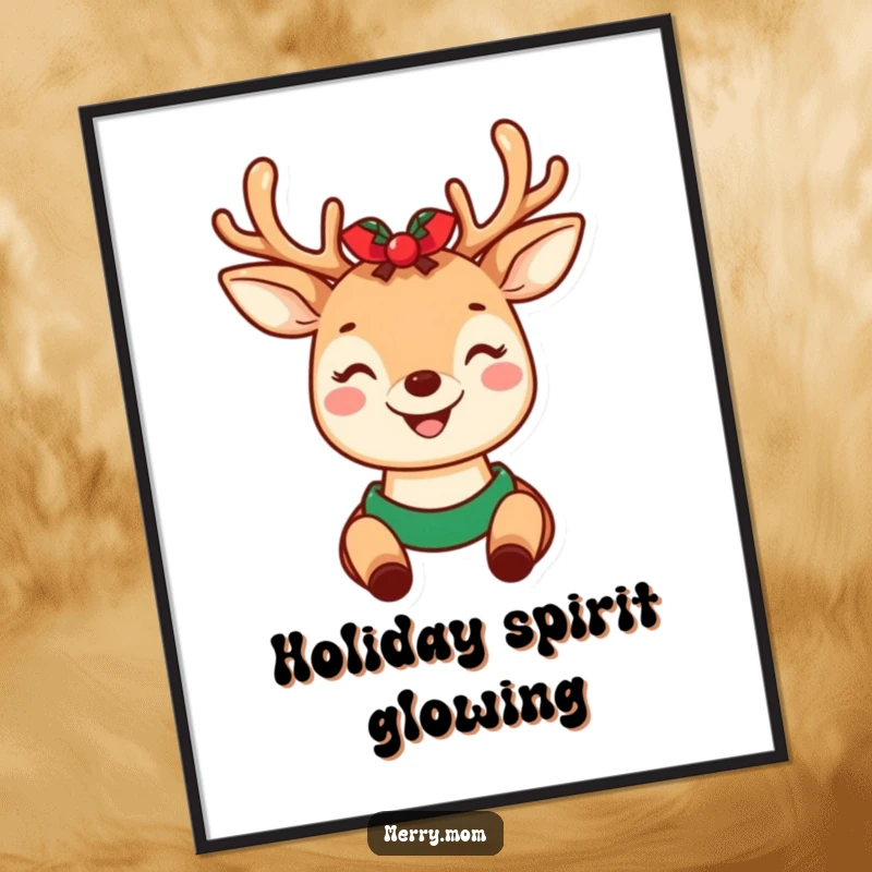 Funny digital art print of a smiling kawaii deer mom wearing cute holiday antlers, ready to be printed and framed.