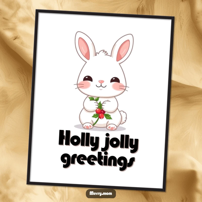 Funny digital art print of a kawaii bunny with rosy cheeks, holding a sprig of holly, a sweet and festive holiday piece.