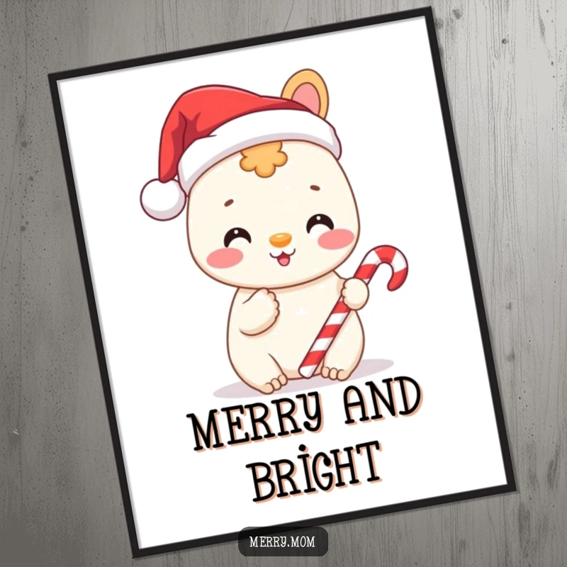 Funny digital art print of a cheerful animal wearing a Santa hat and holding a candy cane, embodying holiday spirit.