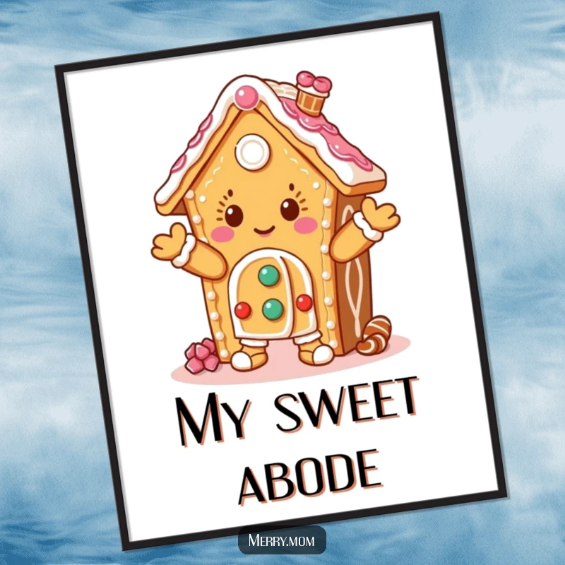 Funny digital art print of a dancing gingerbread house character, perfect for instant download and festive wall decoration.
