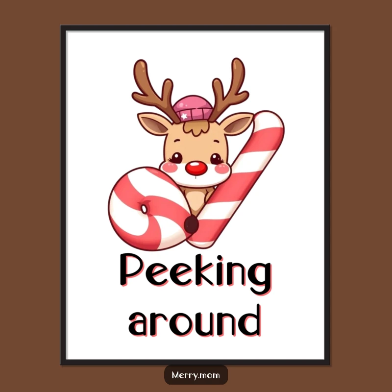 Funny Reindeer Candy Cane Digital Art: Cute Christmas Print, Holiday Gift