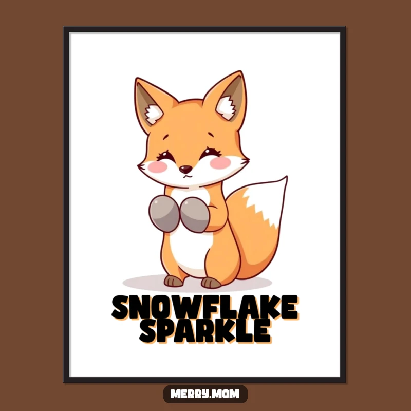 Funny Kawaii Fox Digital Art: Mittens Snowflakes Charm, Instant Winter Decor
