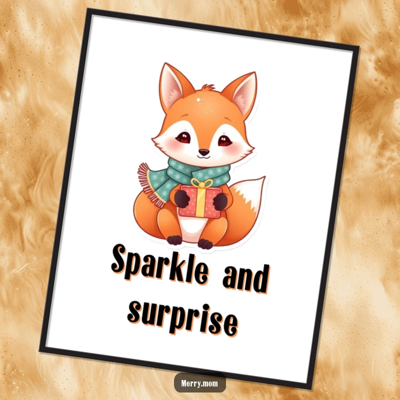 Funny festive fox wearing a sparkly scarf and holding a gift box, digital download art, instant holiday wall decor.