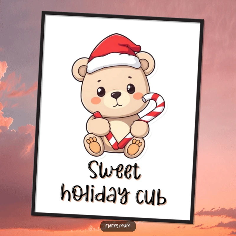 Funny digital art print of a sweet bear wearing a Santa hat, holding a candy cane.