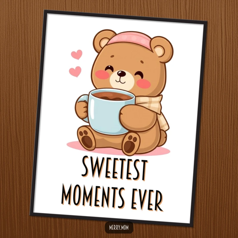 Kawaii bear mom offering a mug of cocoa, instant humorous wall art for creating a cozy atmosphere.