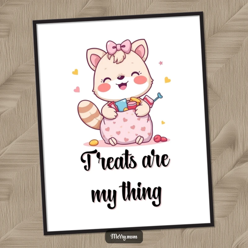 Funny digital art print of a happy animal clutching a gift bag overflowing with delicious treats.