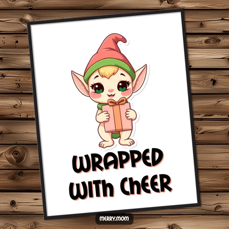 Funny Elf Animal Digital Art Print of a happy elf animal holding a wrapped gift, perfect for immediate festive decoration.