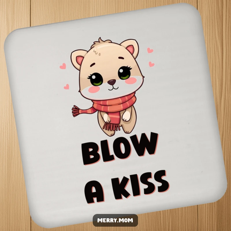Festive Animal Kiss Coaster, depicting an animal in a scarf blowing a kiss with warmth, perfect for protecting surfaces.