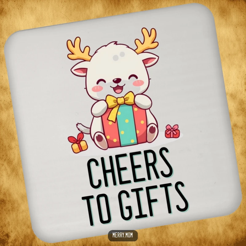 Funny drink coaster with a cute creature sporting festive antlers, joyfully unwrapping a gift, adding holiday cheer to surfaces.