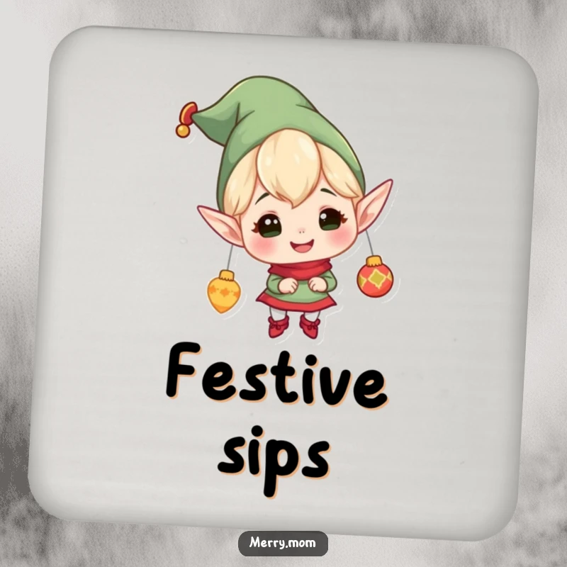 Funny drink coasters set with a cheerful elf character with pointy ears, gleefully hanging ornaments, adding holiday cheer to any drink setup.