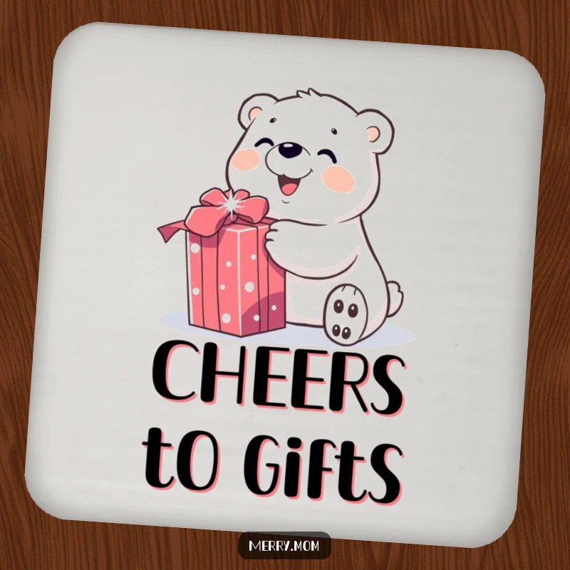 Funny drink coasters set with a smiling polar bear character joyfully unwrapping a sparkly gift, adding holiday cheer to any drink setup.