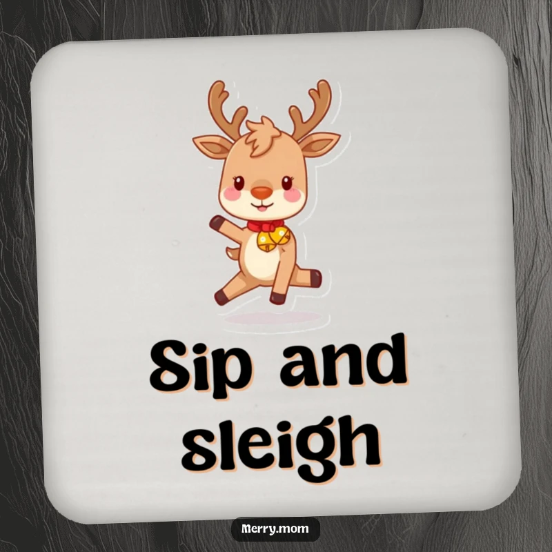 Funny drink coasters set with a playful reindeer character prancing with festive bells, adding holiday cheer to any drink setup.