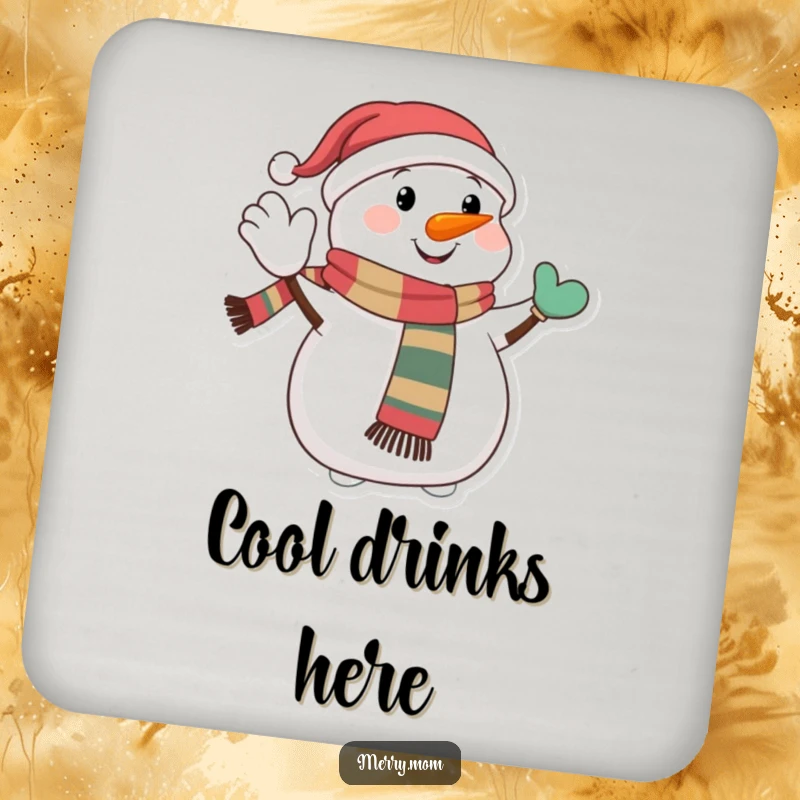Funny drink coasters set with a happy snowman character wearing a festive scarf, giving a jolly wave, adding winter cheer to any drink setup.
