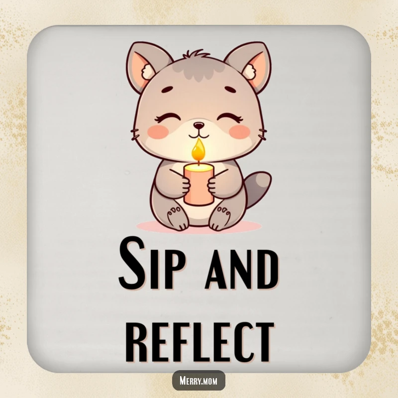 Funny drink coaster, animal holding a glowing candle with a peaceful expression, serene decor, protects surfaces.