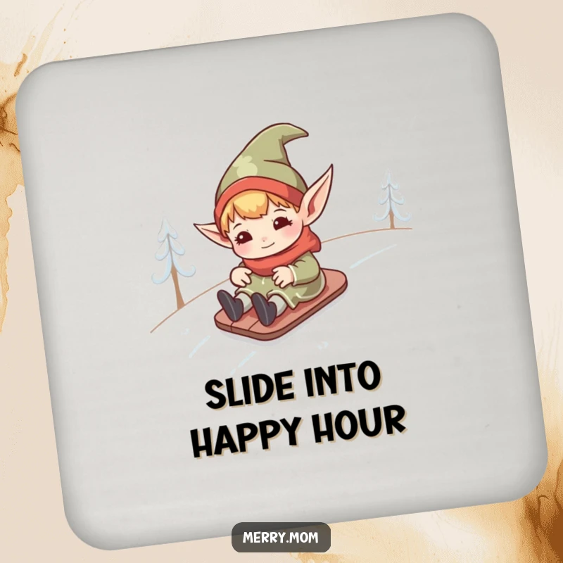 Funny kawaii elf with pointed ears sliding down a snowy hill, serving as a humorous and protective drink coaster.
