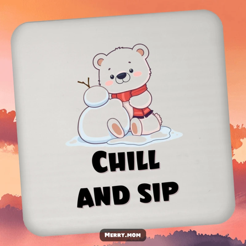 Funny Kawaii Polar Bear Cub Coasters (Set of 4), protecting tables with winter charm, cheerfully building a snowman.