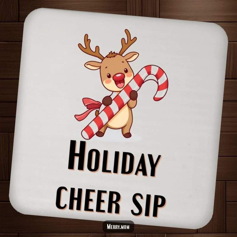 Funny kawaii reindeer drink coaster featuring a cute reindeer excitedly unwrapping a giant candy cane, perfect for festive surface protection.