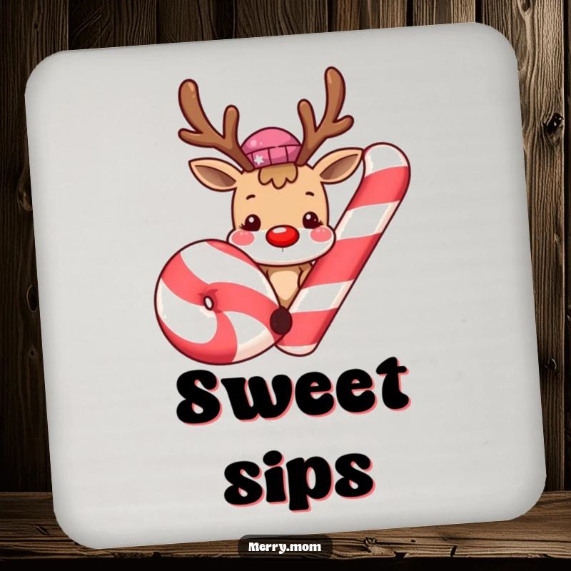 Cute smiling reindeer peeking from behind a giant candy cane on a drink coaster, bringing humorous and holiday-themed protection to any beverage.