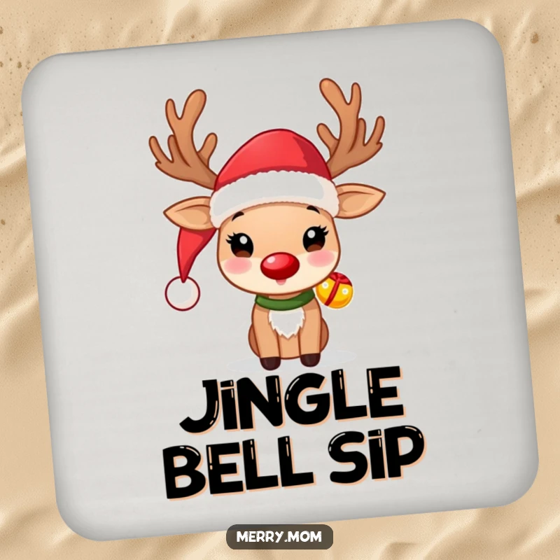 Funny Reindeer Coasters (Set of 4) showing a cute reindeer with a Santa hat and jingle bells, protecting surfaces.