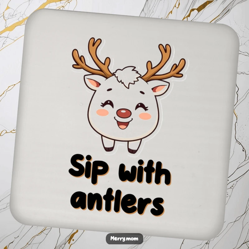 Funny coasters showing a creature with reindeer antlers and a broad smile, perfect for holiday gatherings.