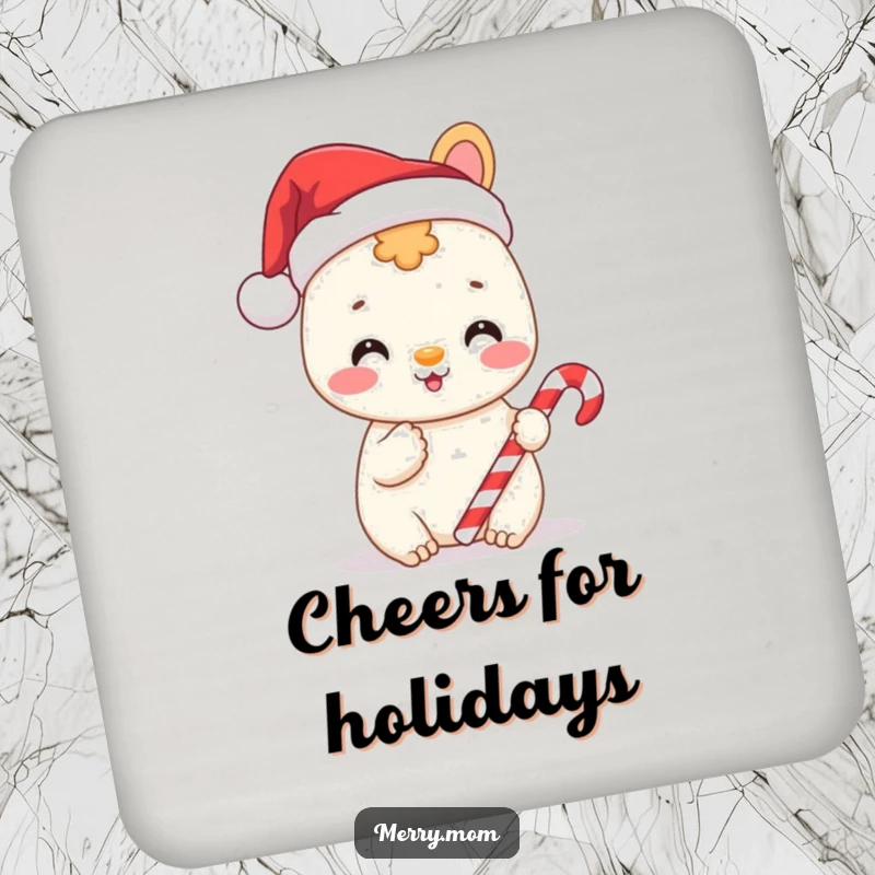 Funny drink coaster with a cheerful animal wearing a Santa hat and holding a candy cane, protecting surfaces with holiday joy.