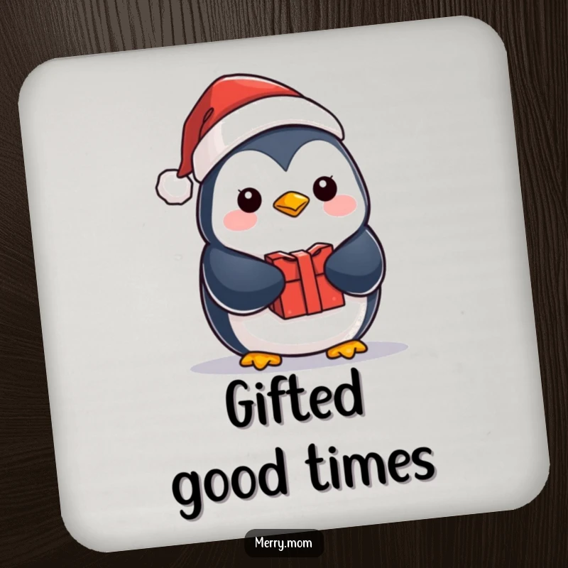 Funny kawaii penguin wearing a Santa hat and holding a gift, serving as a festive and humorous drink coaster.