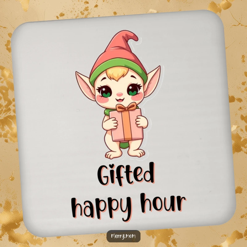 Funny Elf Animal Coasters (Set of 4) showing a happy elf animal holding a wrapped gift, protecting tables with style.