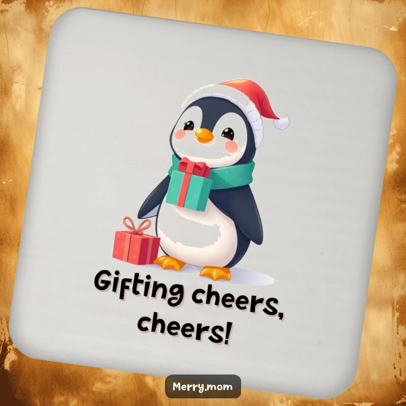 Funny Christmas coaster with a cheerful penguin in a tiny Santa suit, balancing gifts on its nose, protecting surfaces with holiday flair.