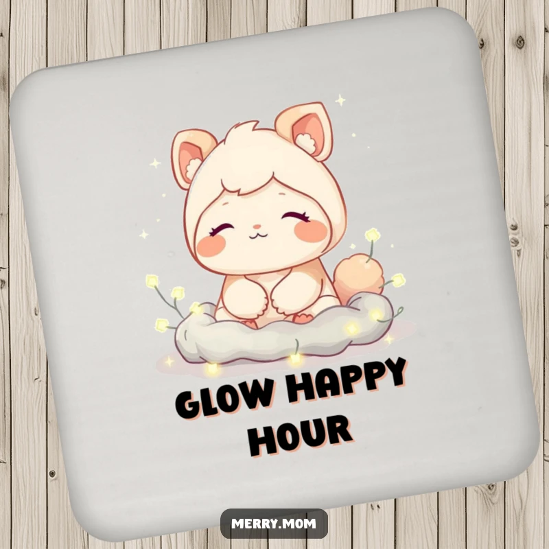 Funny drink coaster with a cute creature sporting a contented sigh, nestled amongst twinkling fairy lights, perfect for protecting surfaces.