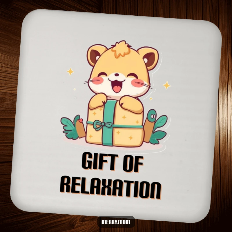 Happy Animal Gift Coaster, depicting an excited animal unwrapping a present with pure joy, perfect for protecting surfaces.