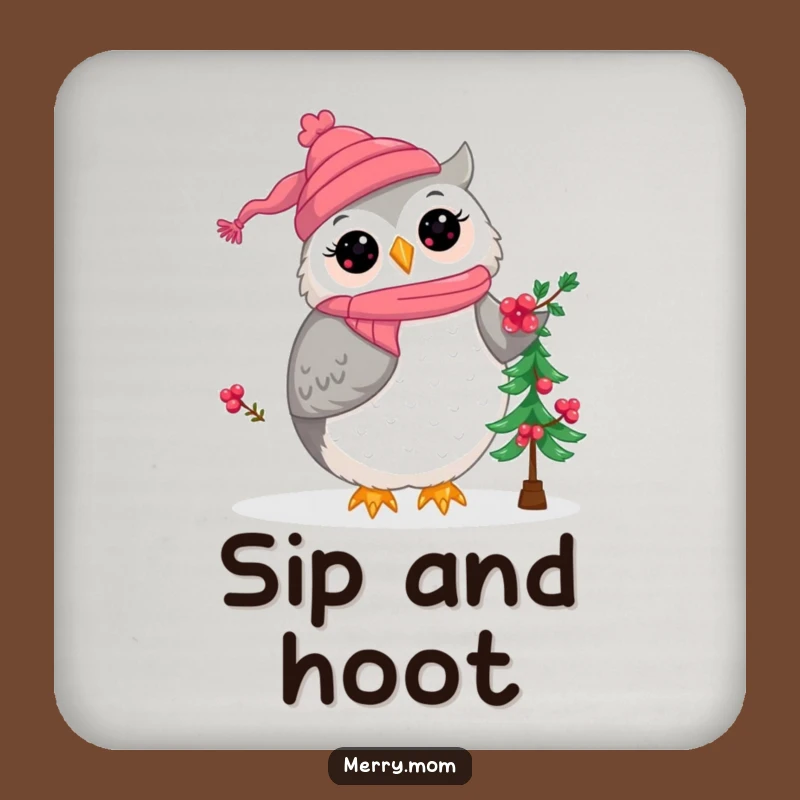Kawaii Owl Mom Christmas Coaster - Protect Surfaces with Holiday Cuteness